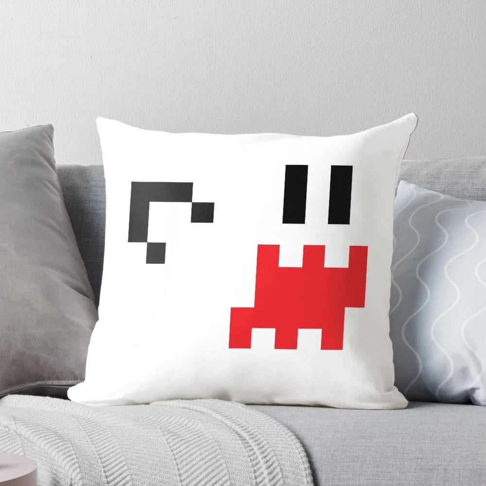 8-bit ghost pillow with retro video game style design