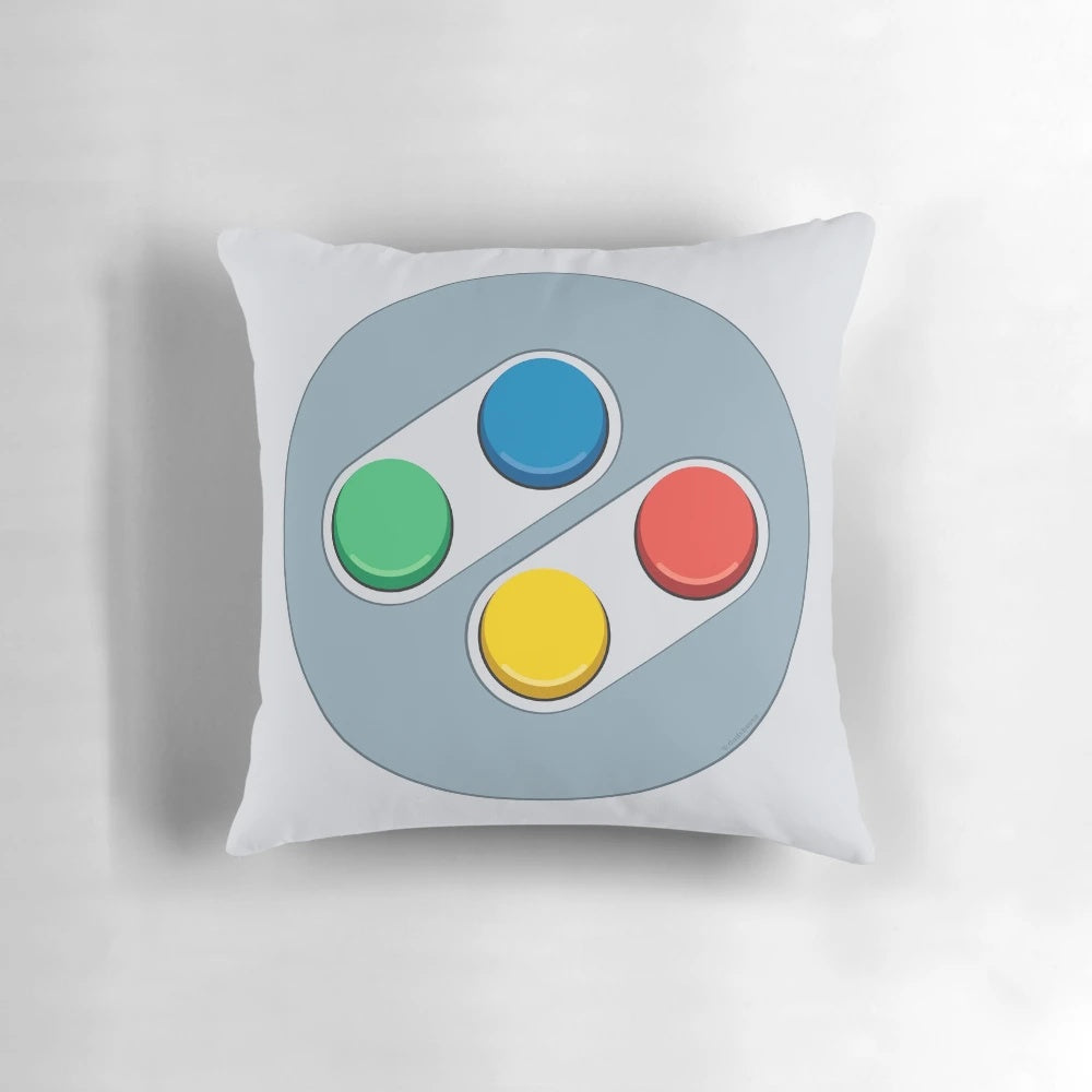 Decorative pillow featuring flat design vector art of classic video game controller buttons