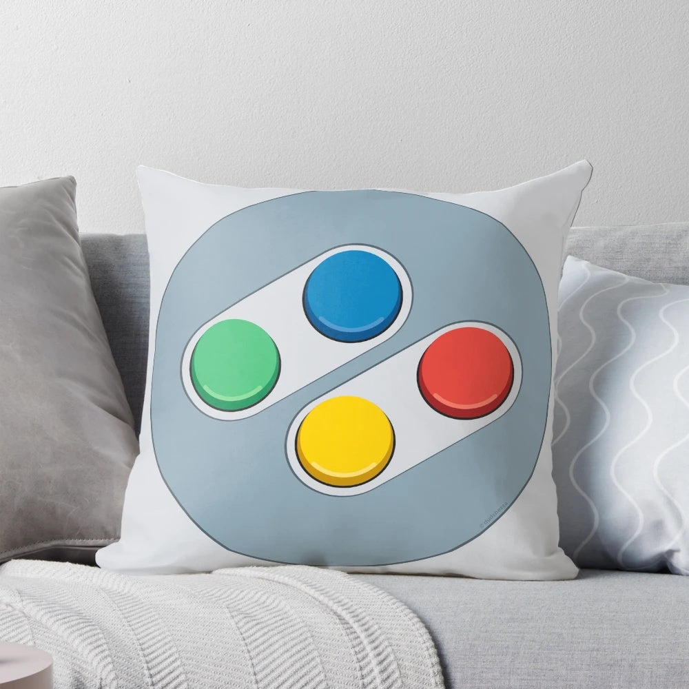 Decorative pillow featuring flat design vector art of classic video game controller buttons