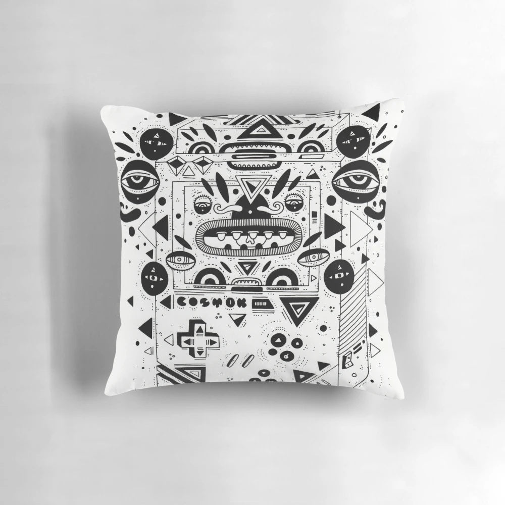 Plush retro gaming pillow featuring a line art character design with cosmic elements
