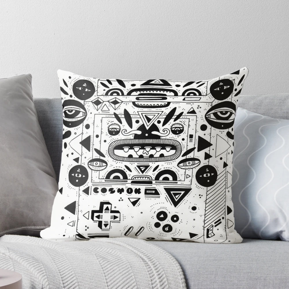 Plush retro gaming pillow featuring a line art character design with cosmic elements