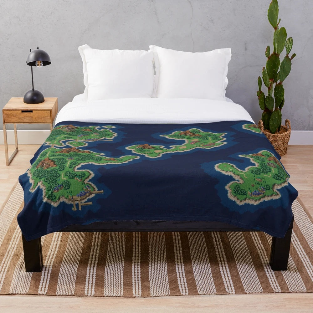 Retro gaming inspired pixel art blanket featuring the world of Chrono Trigger