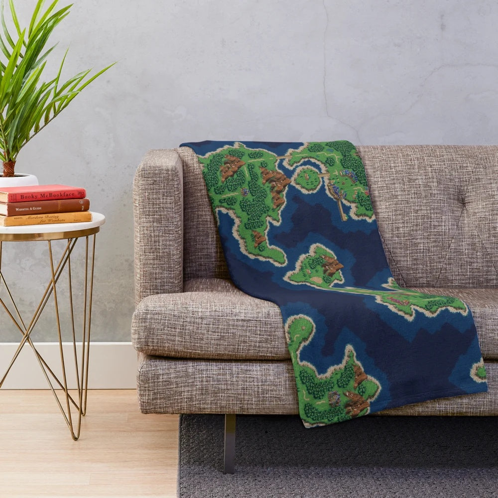 Retro gaming inspired pixel art blanket featuring the world of Chrono Trigger