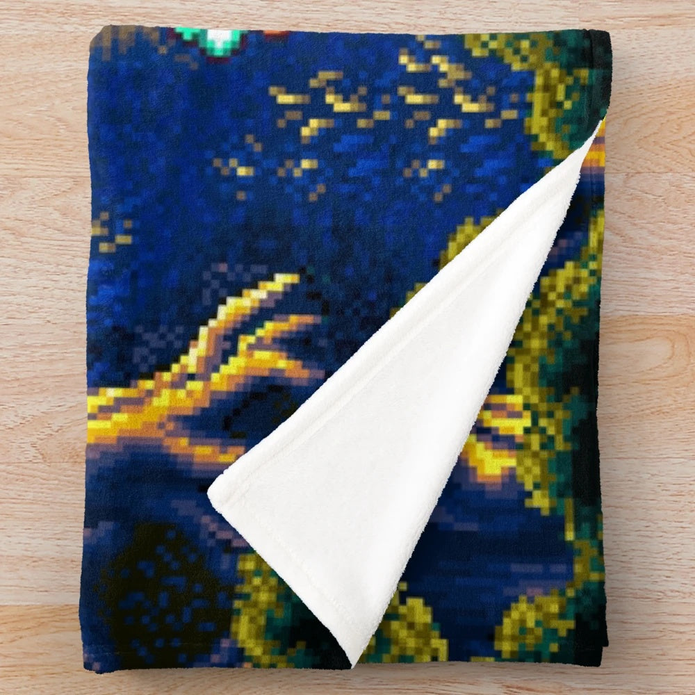 Retro gaming inspired plush blanket featuring Chrono Trigger pixel art campfire scene