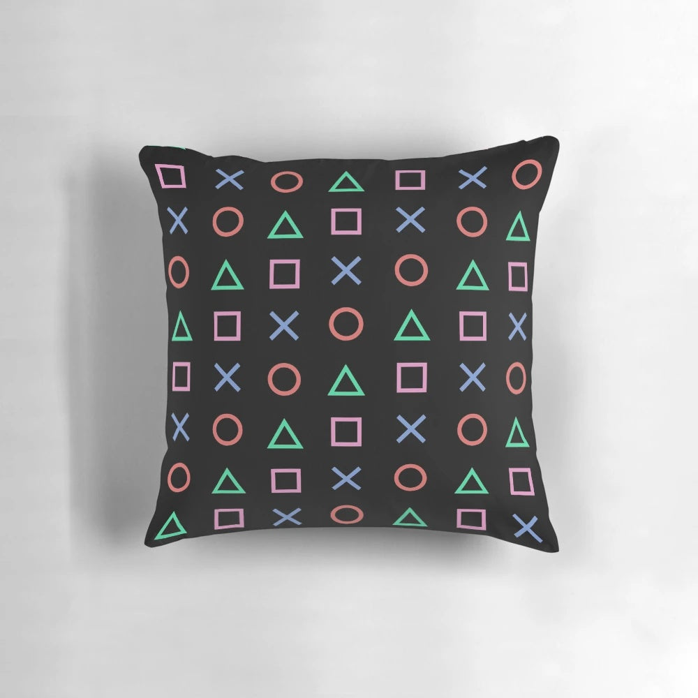 Retro gaming-inspired synthwave aesthetic pillow featuring a controller buttons icon design.