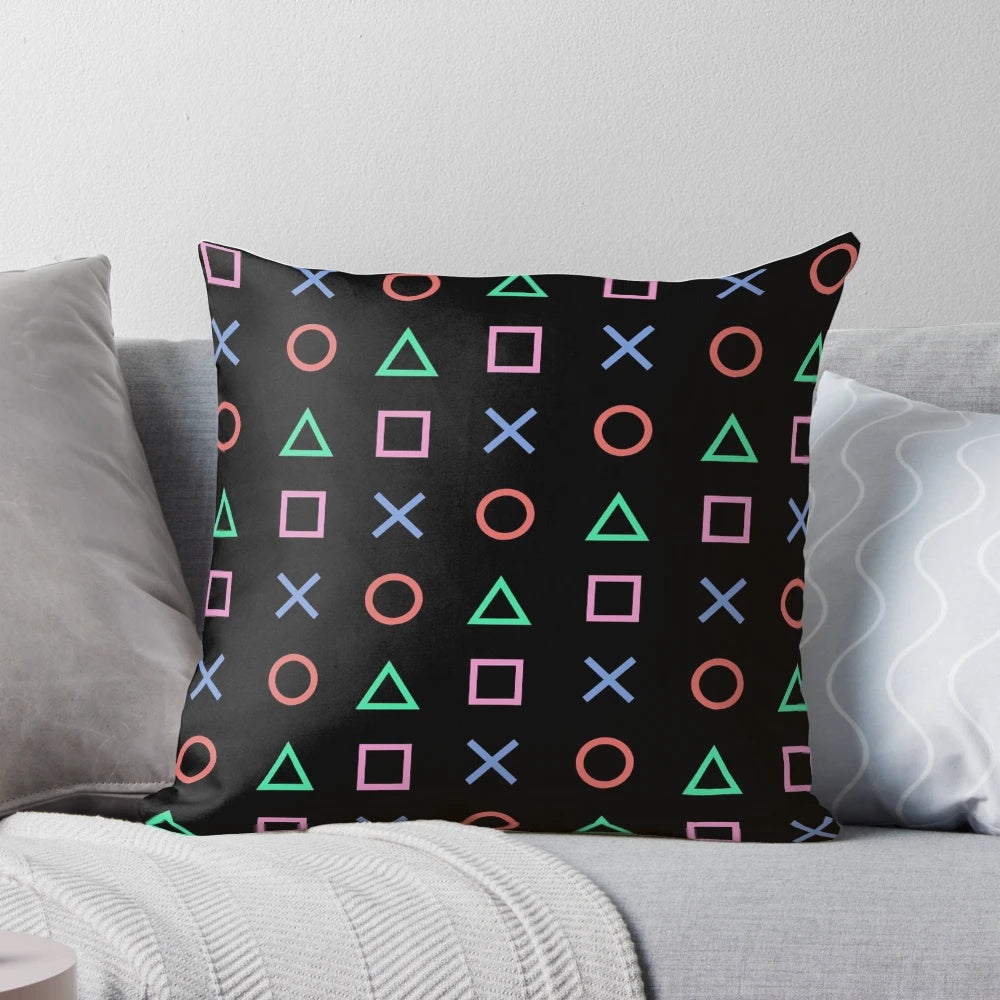 Retro gaming-inspired synthwave aesthetic pillow featuring a controller buttons icon design.