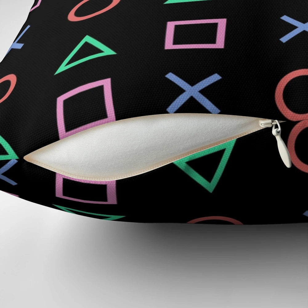 Retro gaming-inspired synthwave aesthetic pillow featuring a controller buttons icon design.