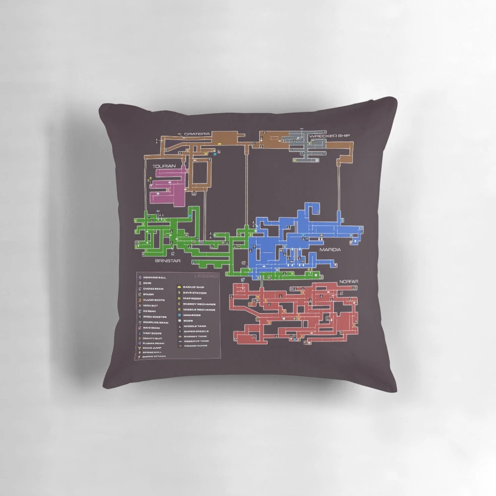Retro gaming map pillow featuring the iconic map from Super Metroid