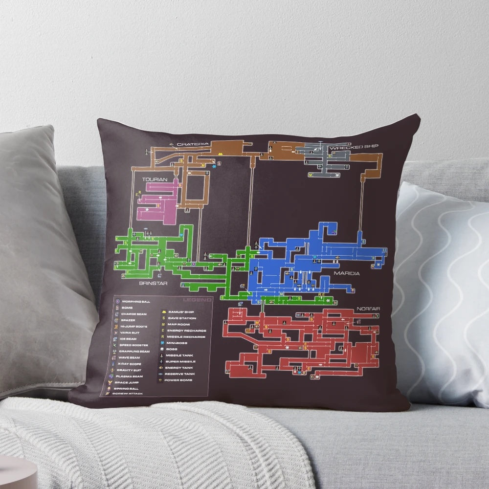 Retro gaming map pillow featuring the iconic map from Super Metroid