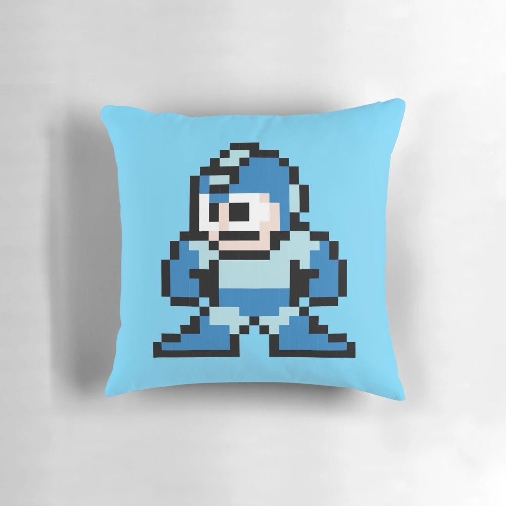 Mega Man 8-bit pixel art image on a flat, retro-style pillow