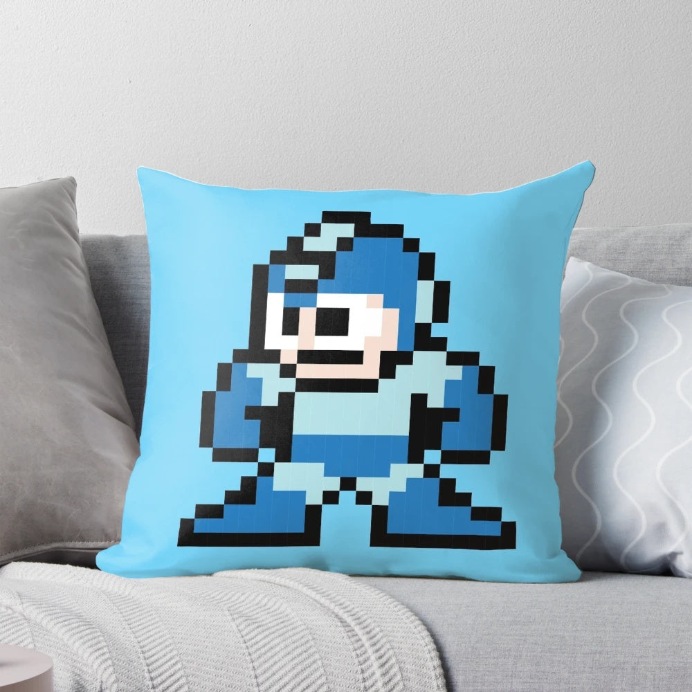 Mega Man 8-bit pixel art image on a flat, retro-style pillow