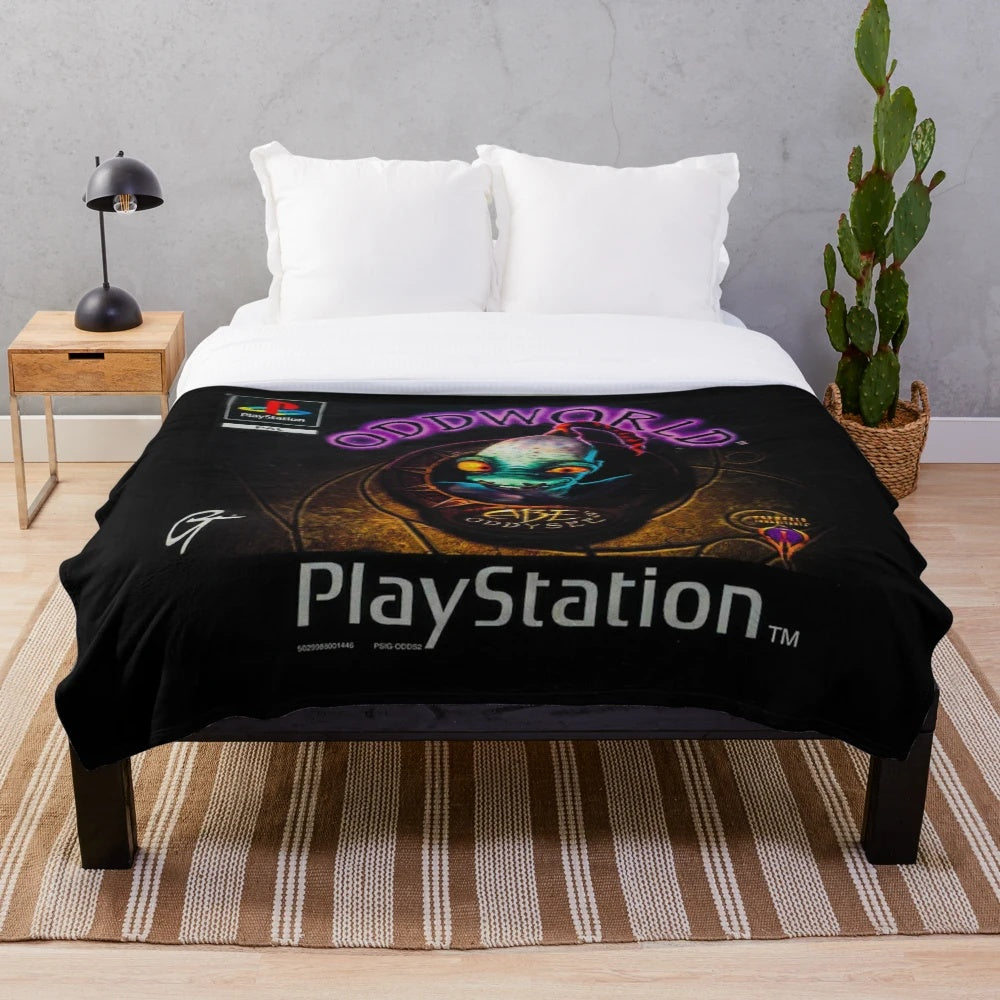 Oddworld inspired plush blanket with retro gaming design