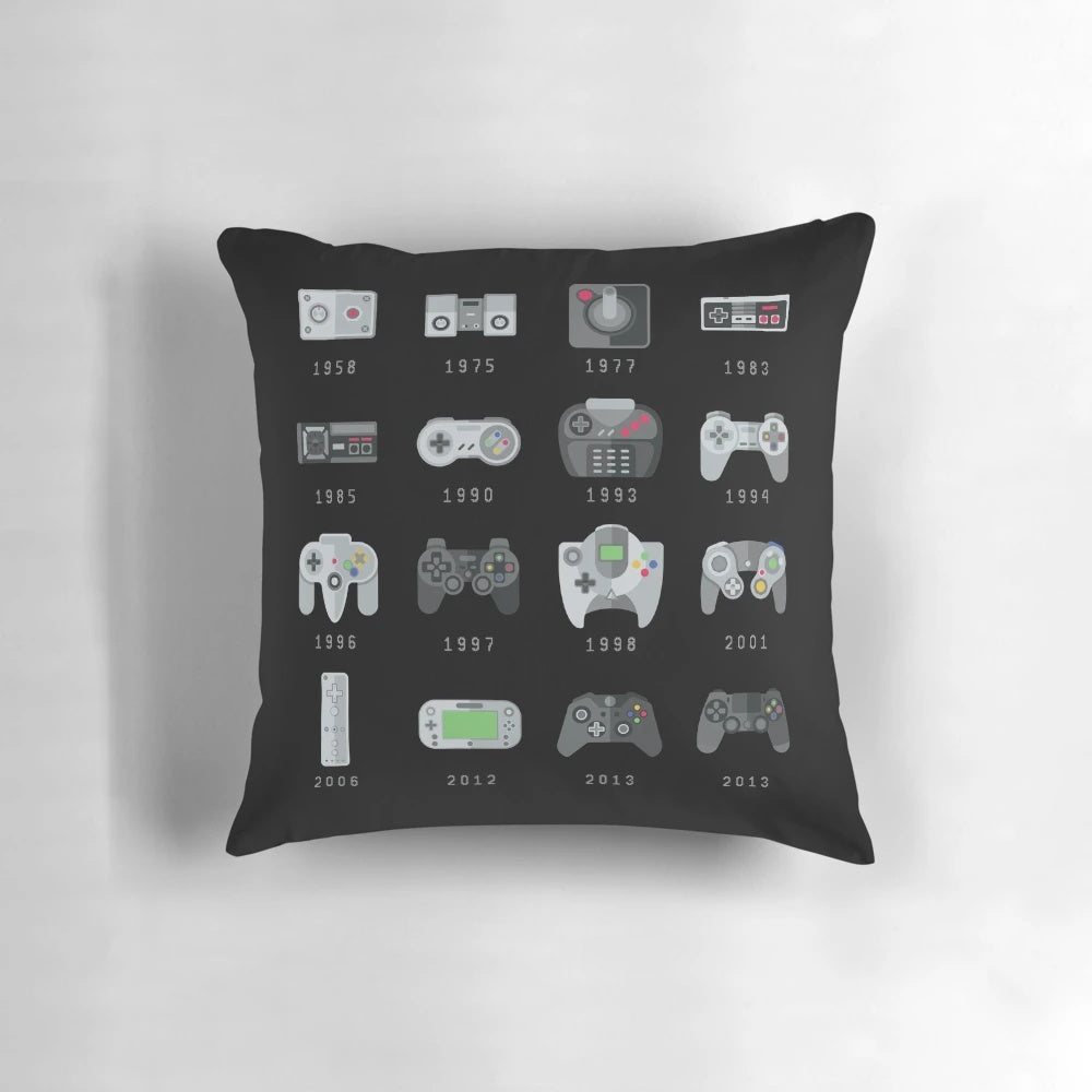 Retro gaming-inspired pillow with colorful 8-bit controller designs