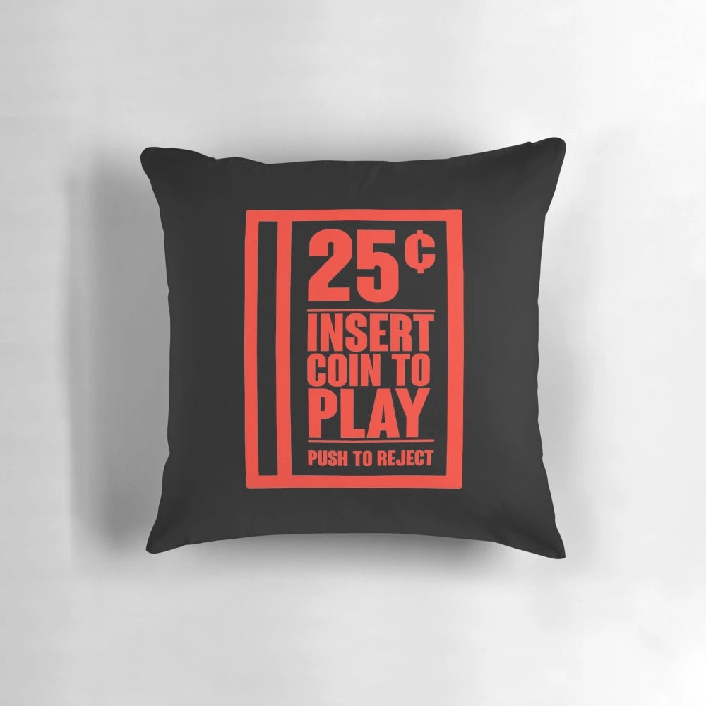 Retro gaming-inspired pillow with "Insert Coin" text for a fun, nostalgic accent in any gaming or gamer's space.