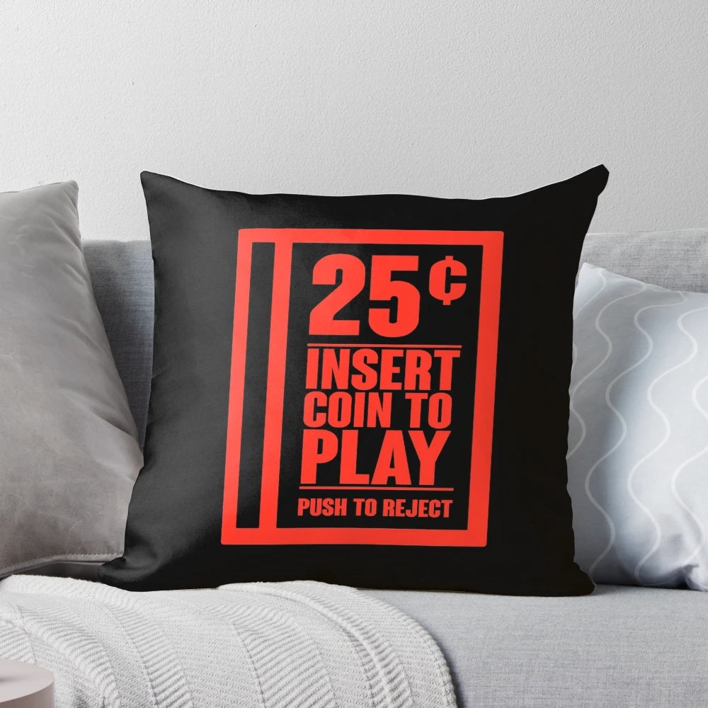 Retro gaming-inspired pillow with "Insert Coin" text for a fun, nostalgic accent in any gaming or gamer's space.