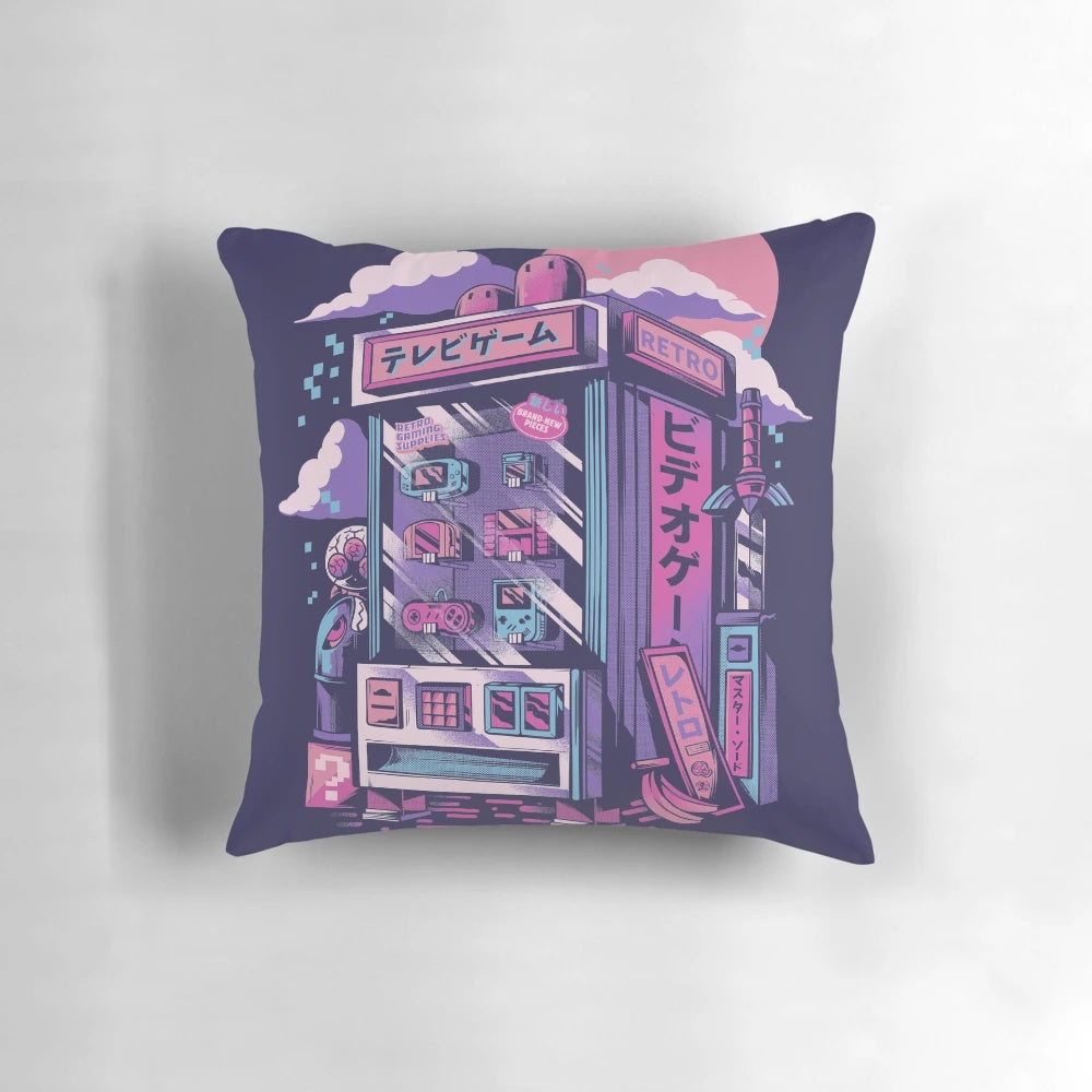 Vibrant retro gaming-themed pillow with pixel art and neon colors