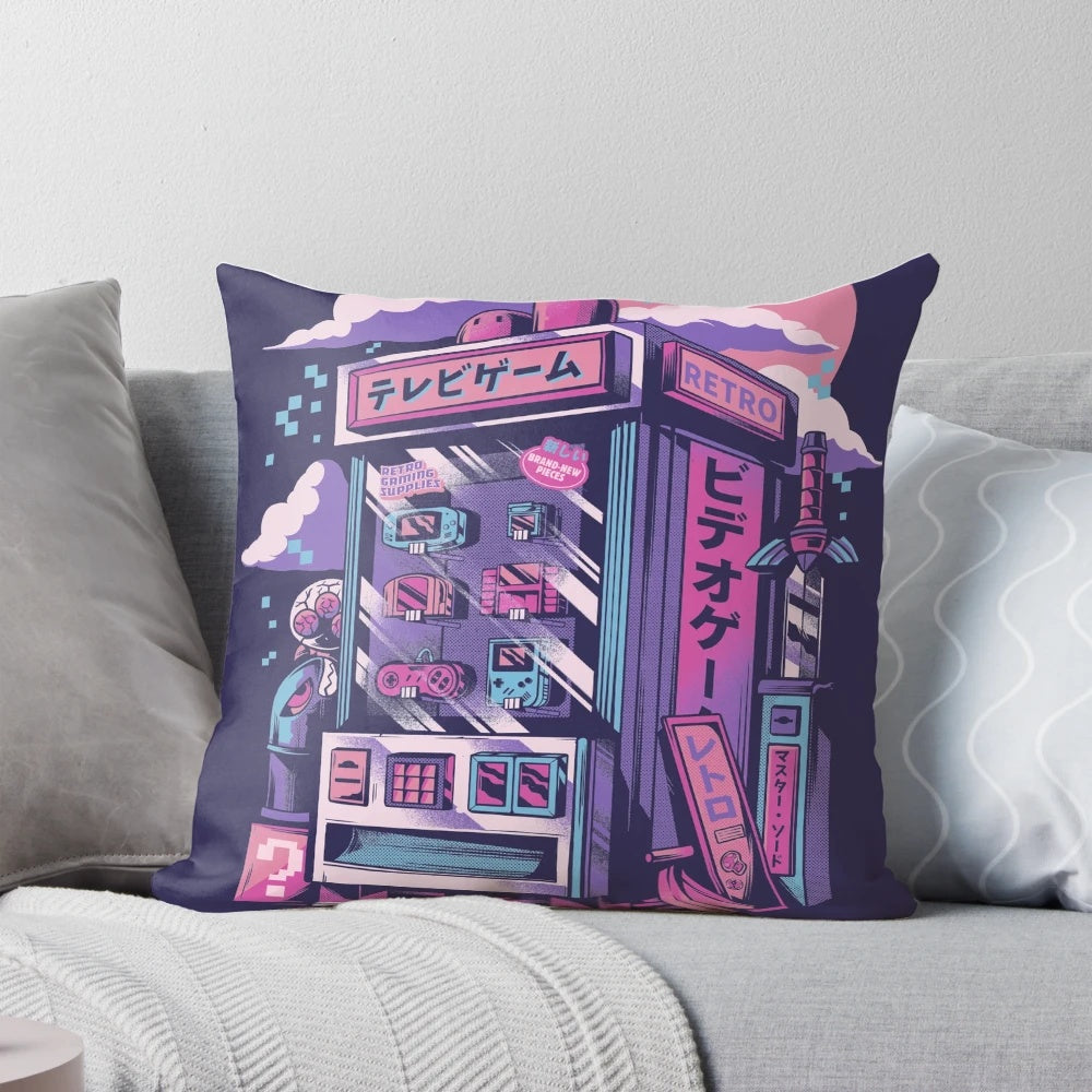 Vibrant retro gaming-themed pillow with pixel art and neon colors