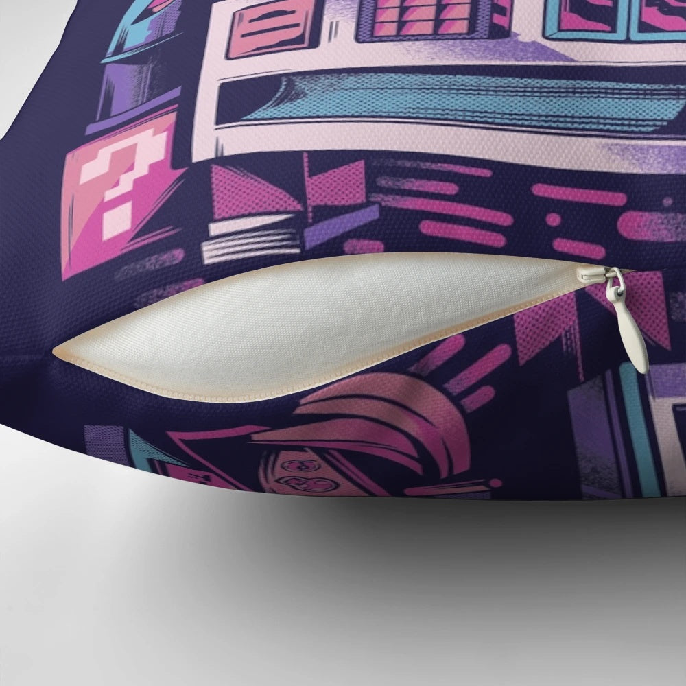 Vibrant retro gaming-themed pillow with pixel art and neon colors
