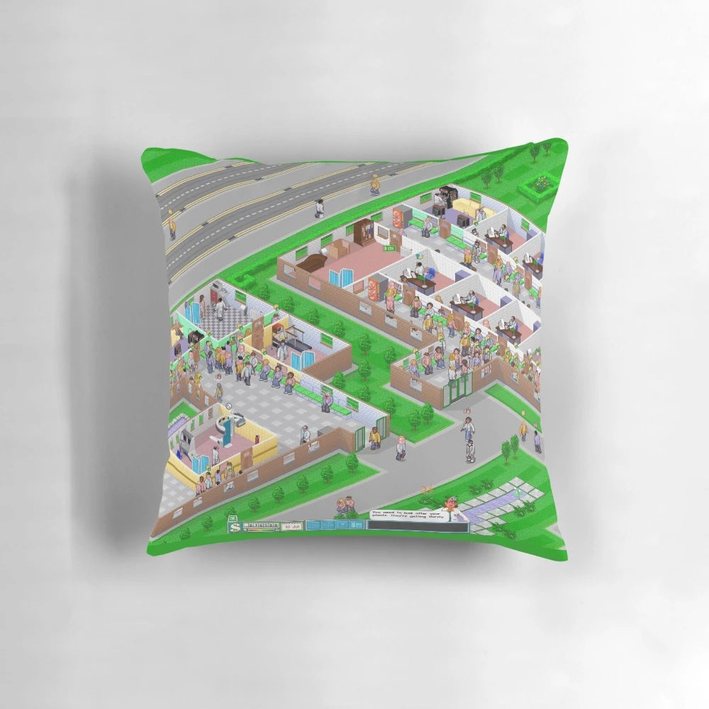 Plush pillow featuring the iconic Theme Hospital logo and design