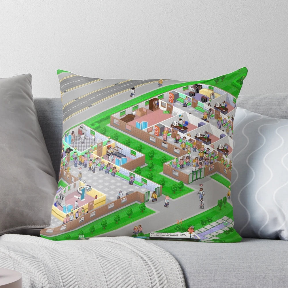 Plush pillow featuring the iconic Theme Hospital logo and design