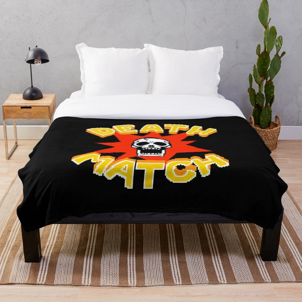 Retro gaming pixel art plush blanket with skull and death match design