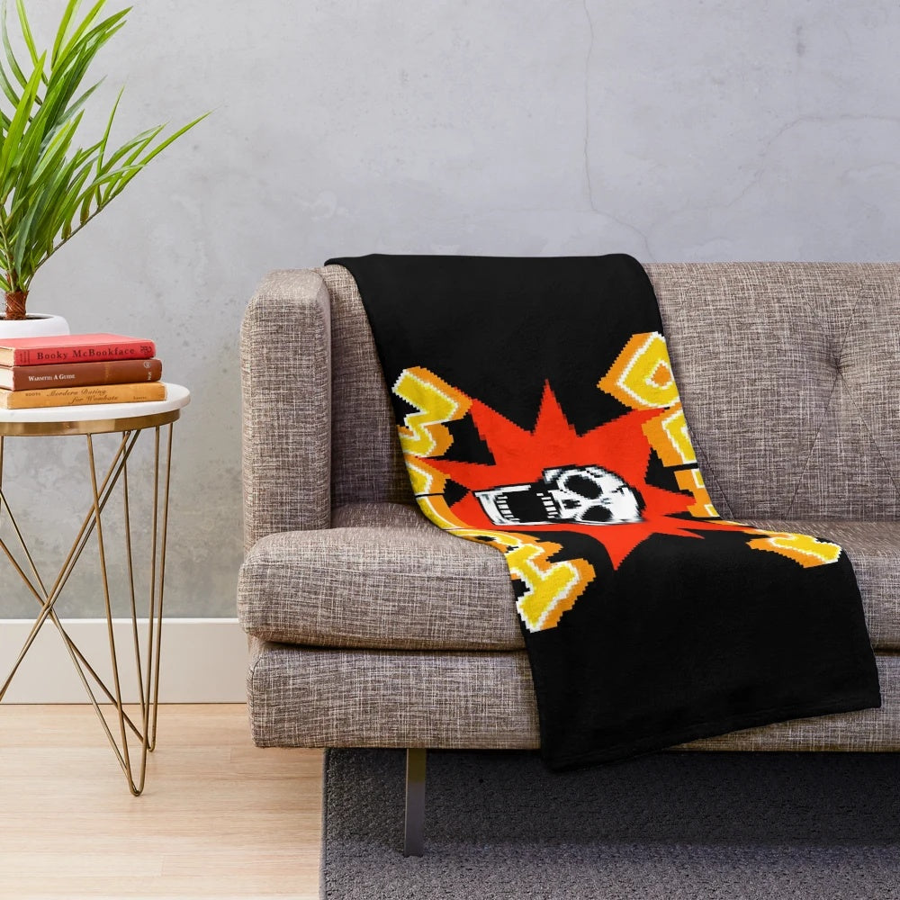 Retro gaming pixel art plush blanket with skull and death match design