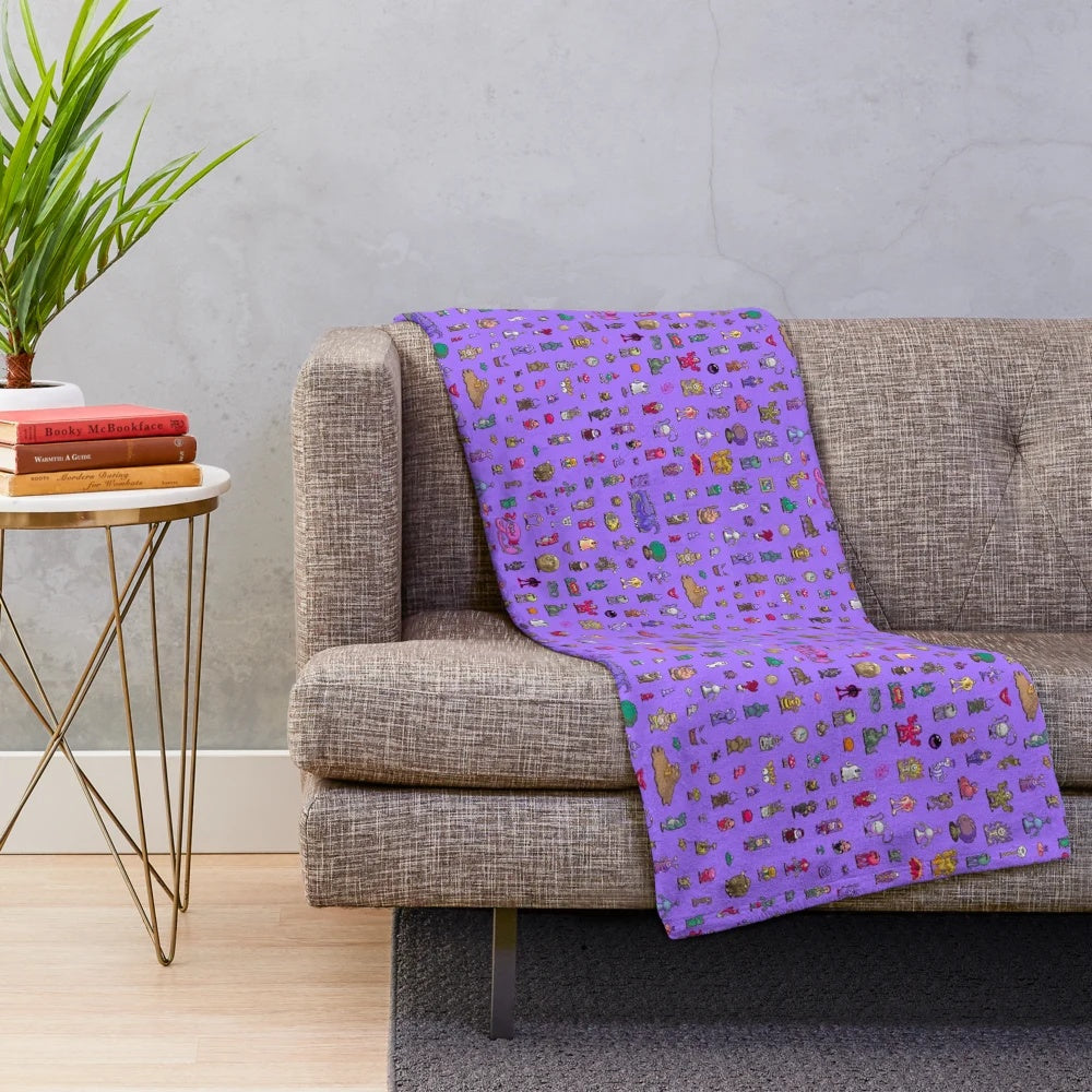 Retro gaming pixel art plush blanket featuring Earthbound inspired sprite sheet design