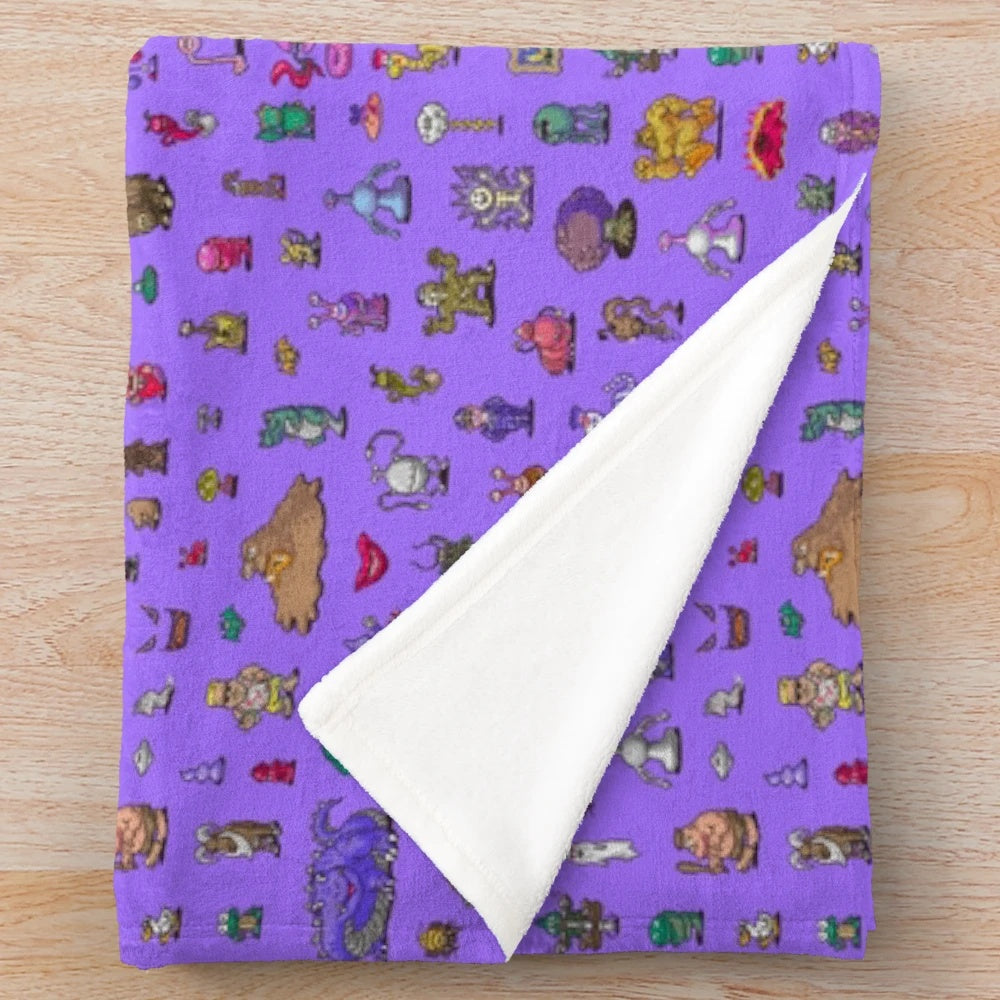Retro gaming pixel art plush blanket featuring Earthbound inspired sprite sheet design