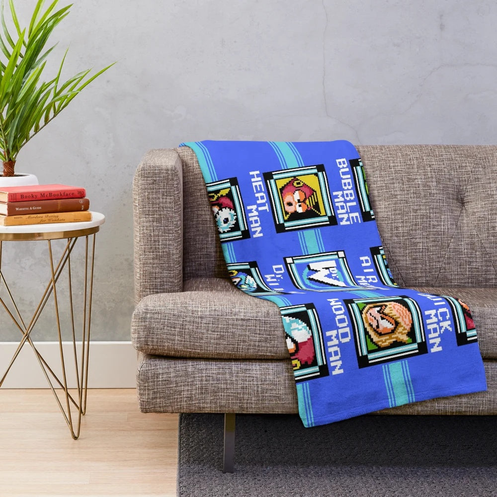 Mega Man 2 inspired retro gaming plush blanket with pixel art design