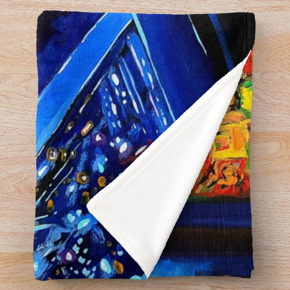 Pinball Wizard-inspired plush blanket with retro gaming and space-themed elements