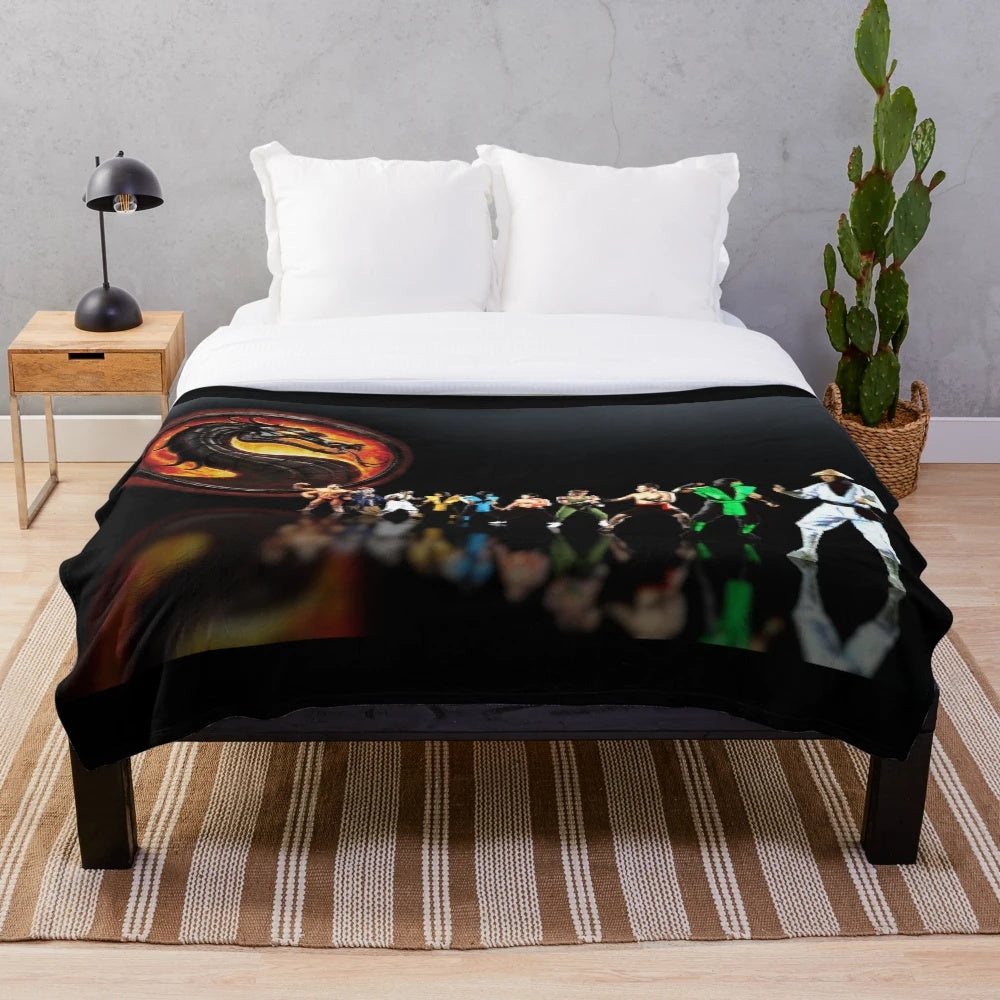 Retro gaming plush blanket featuring Mortal Kombat pixel art