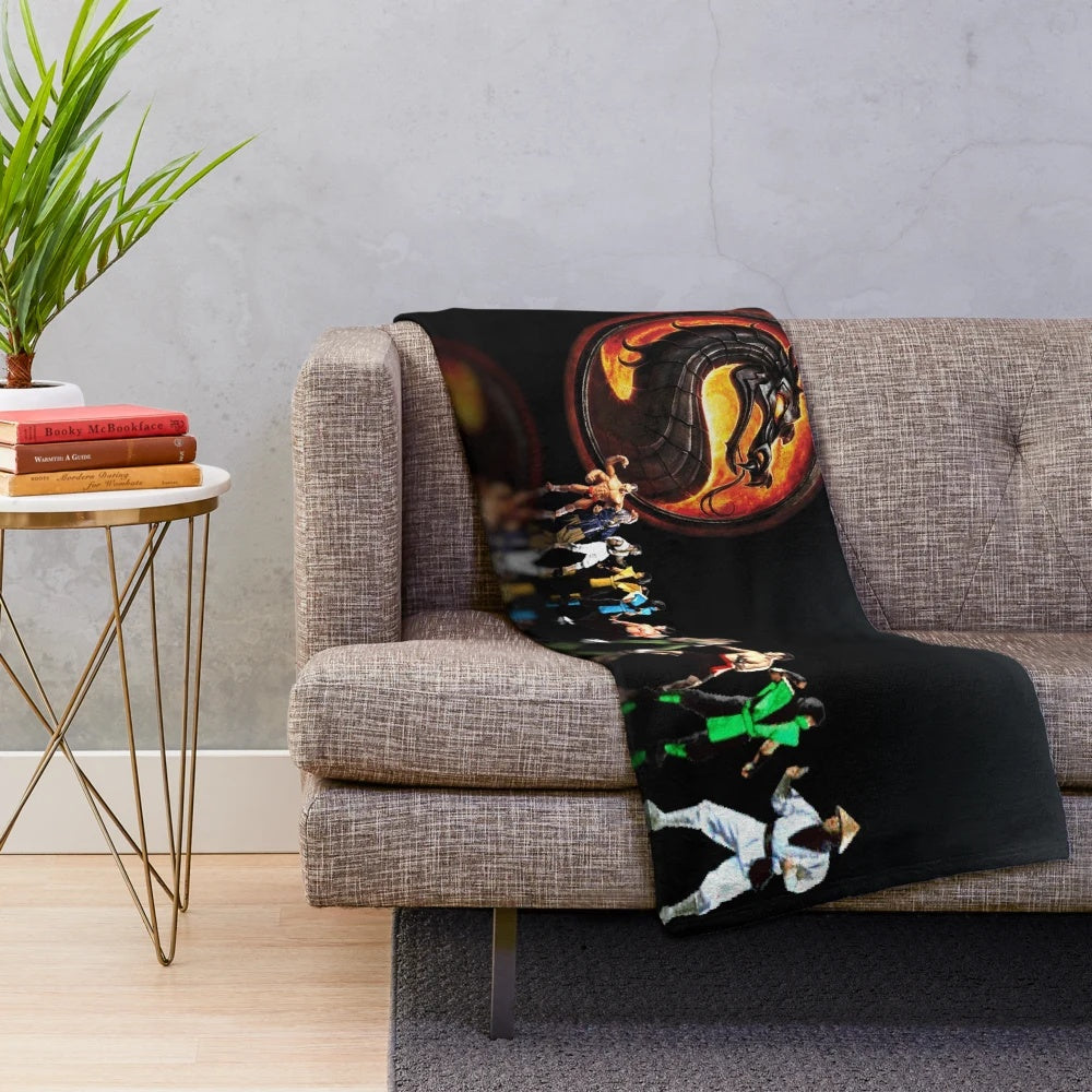 Retro gaming plush blanket featuring Mortal Kombat pixel art