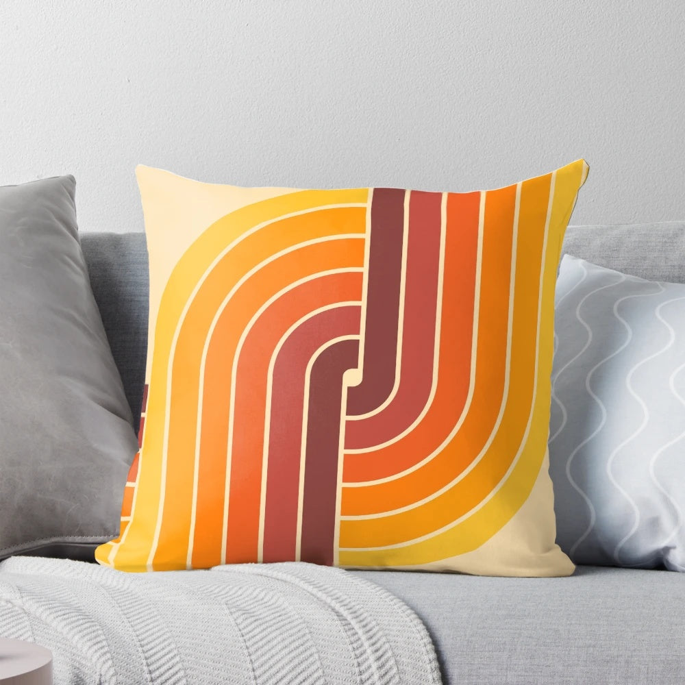 Retro geometric pattern 70s style throw pillow in orange, yellow, and brown colors
