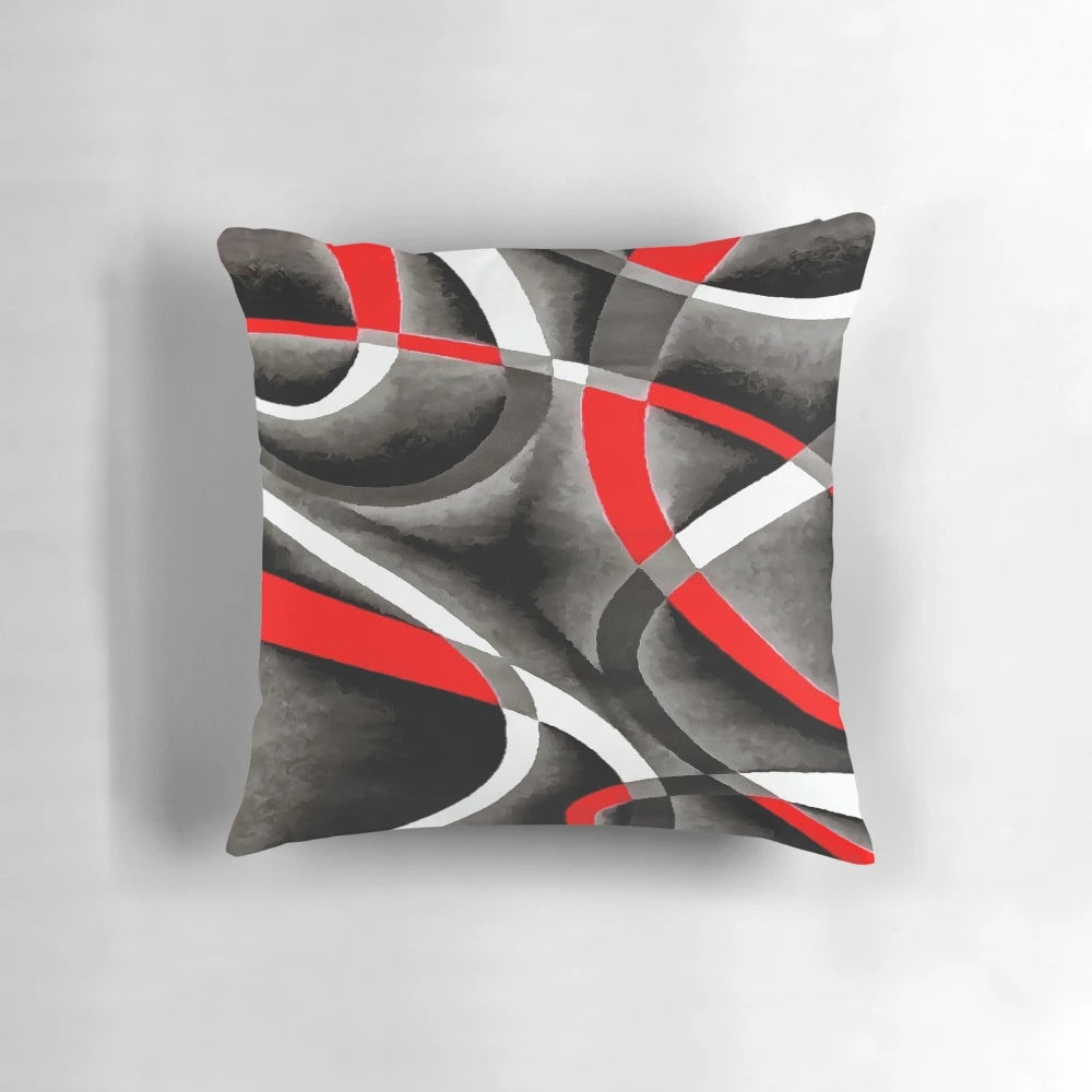Throw pillow with a retro-inspired geometric pattern of intersecting curves in black, red, and white.