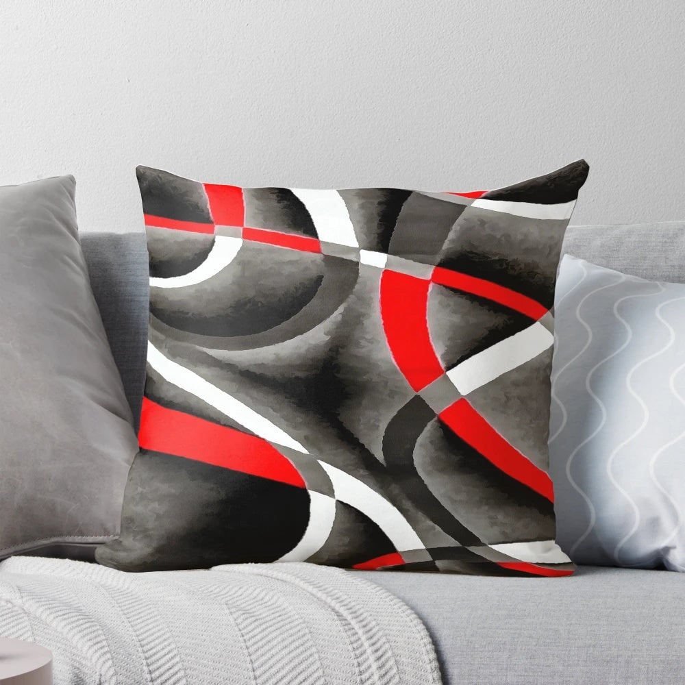 Throw pillow with a retro-inspired geometric pattern of intersecting curves in black, red, and white.