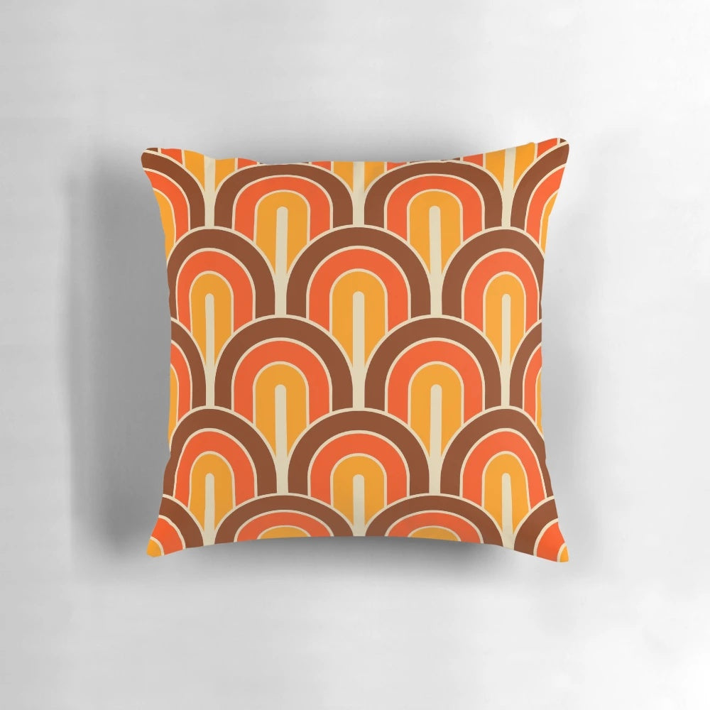 Retro geometric fan pattern printed on a soft, plush pillow