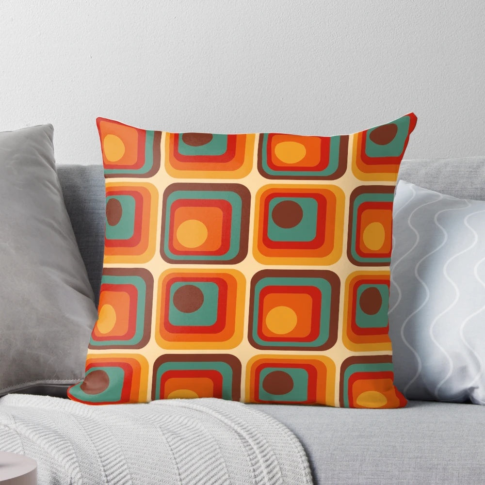 Retro Geometric Gradient Decorative Throw Pillow with Square and Circle Pattern