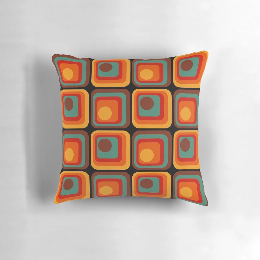 Retro geometric gradient square and circle pattern on a decorative throw pillow