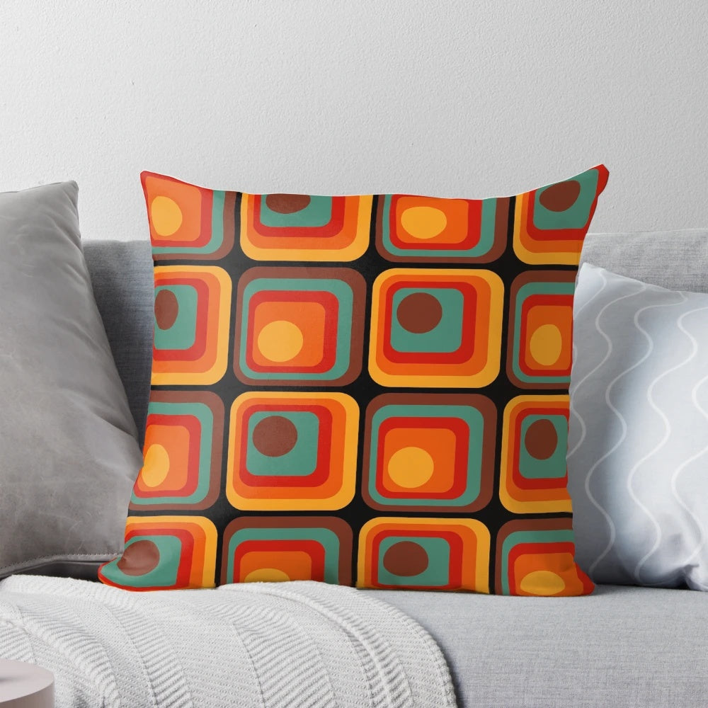 Retro geometric gradient square and circle pattern on a decorative throw pillow