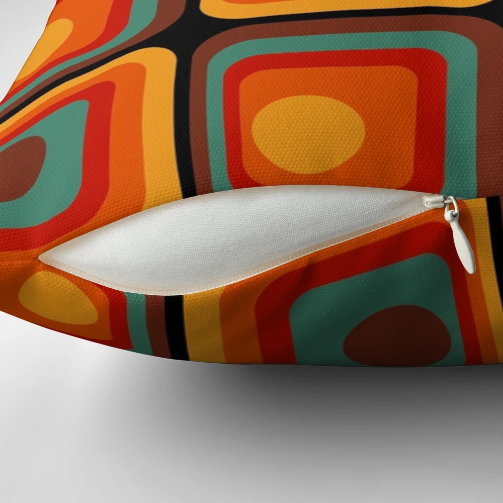 Retro geometric gradient square and circle pattern on a decorative throw pillow