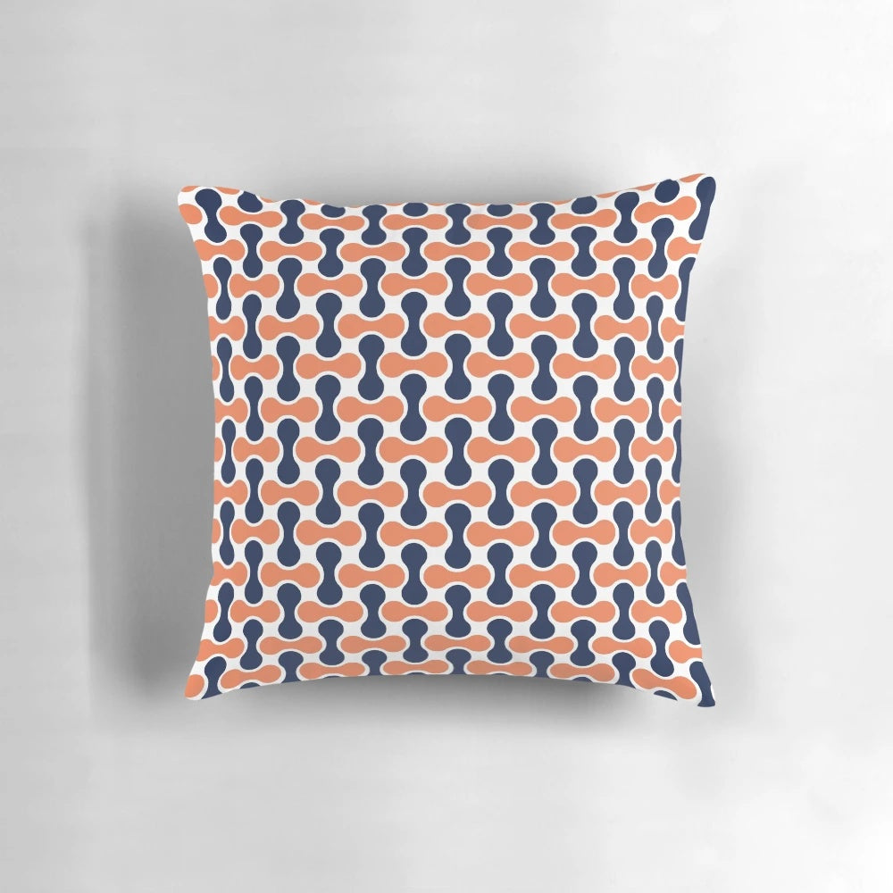 Retro geometric mid century modern throw pillow in navy blue and orange colors