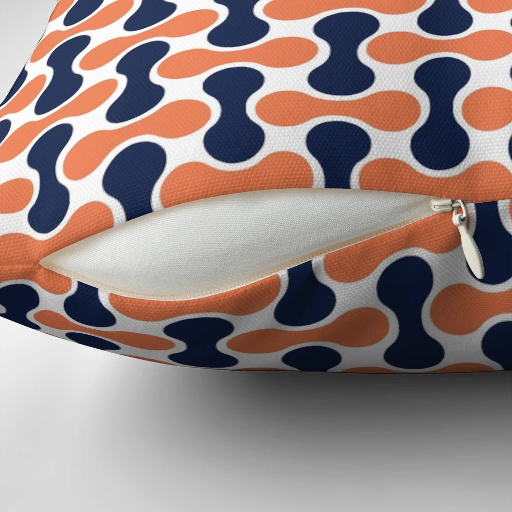 Retro geometric mid century modern throw pillow in navy blue and orange colors