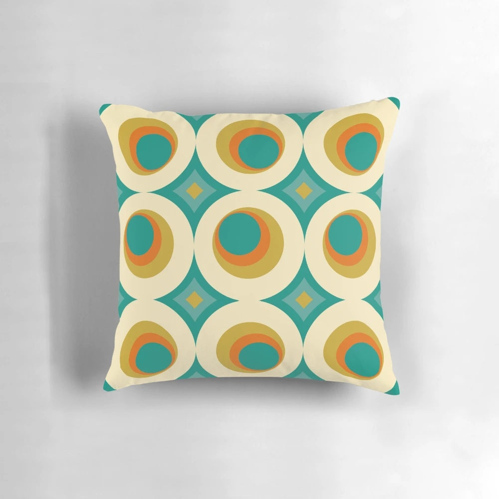 Colorful mid-century modern style throw pillow with a vibrant geometric pattern