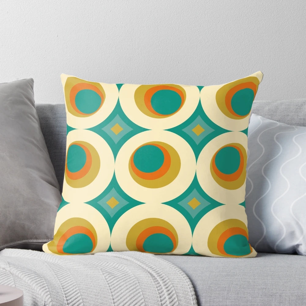 Colorful mid-century modern style throw pillow with a vibrant geometric pattern