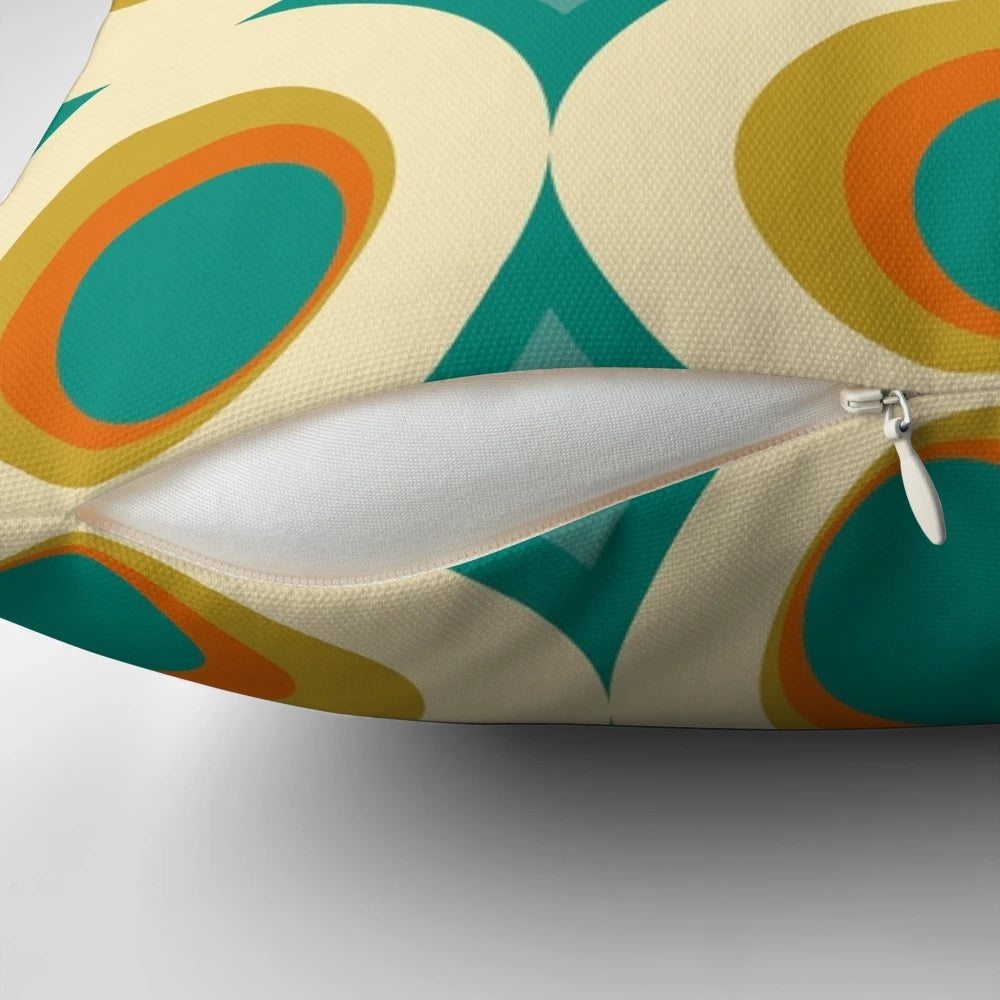 Colorful mid-century modern style throw pillow with a vibrant geometric pattern