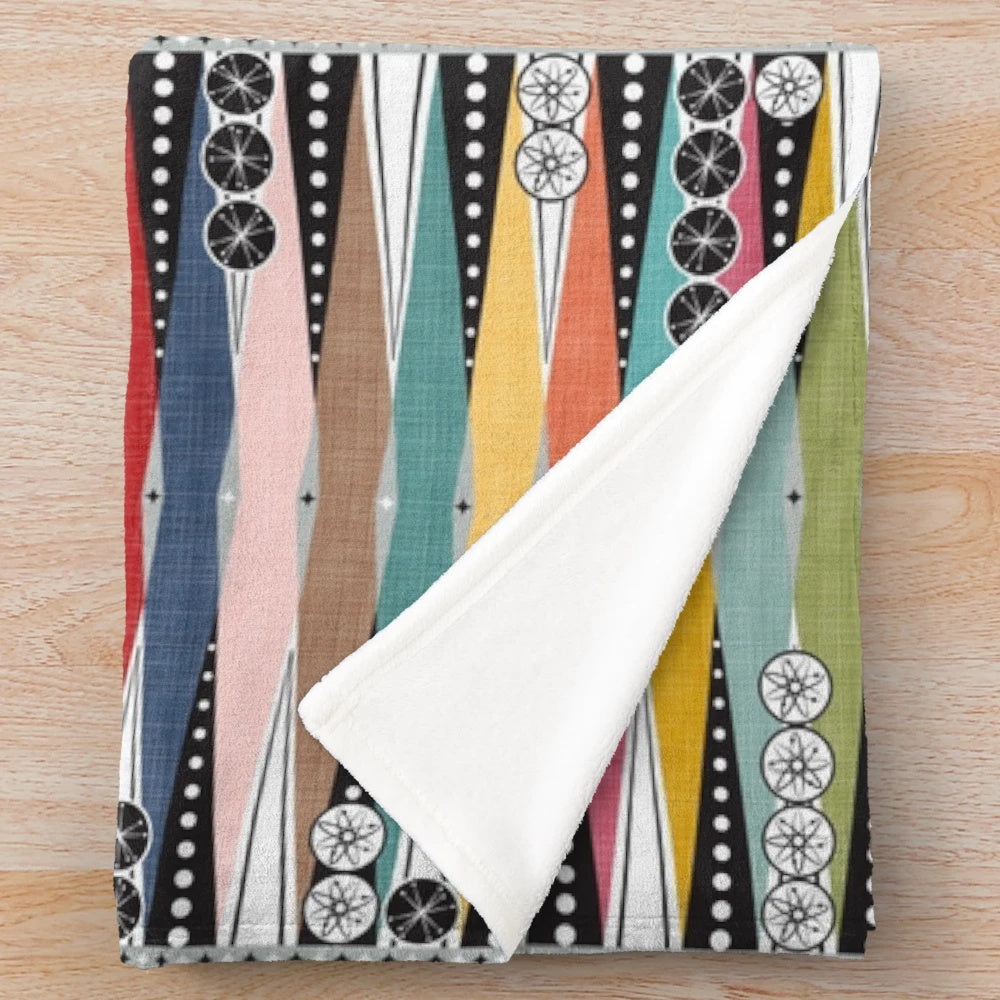 Midcentury modern inspired plush blanket with retro geometric atomic age backgammon pattern