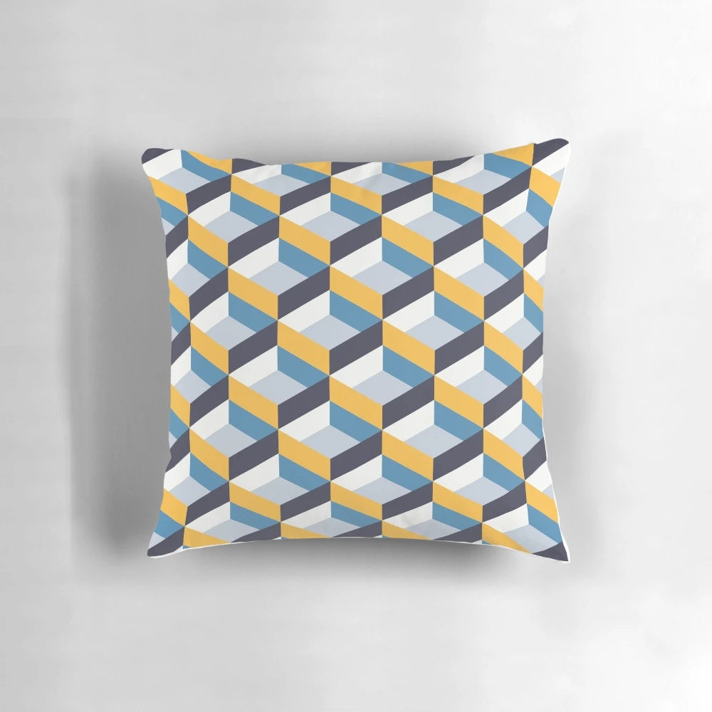 Retro geometric navy and yellow throw pillow with abstract pattern design