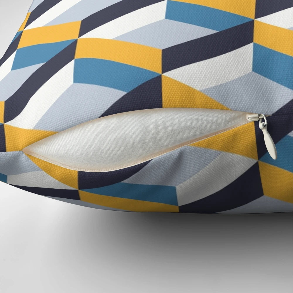 Retro geometric navy and yellow throw pillow with abstract pattern design