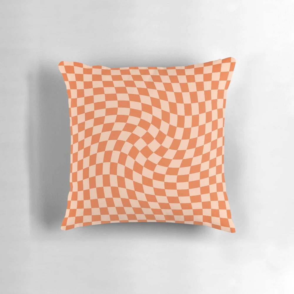 Retro geometric orange checkerboard pattern pillow
