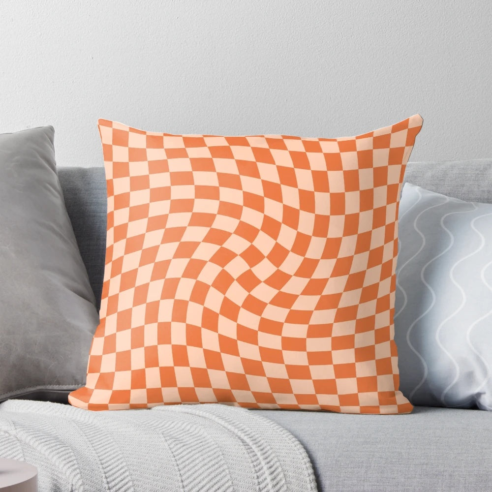 Retro geometric orange checkerboard pattern pillow